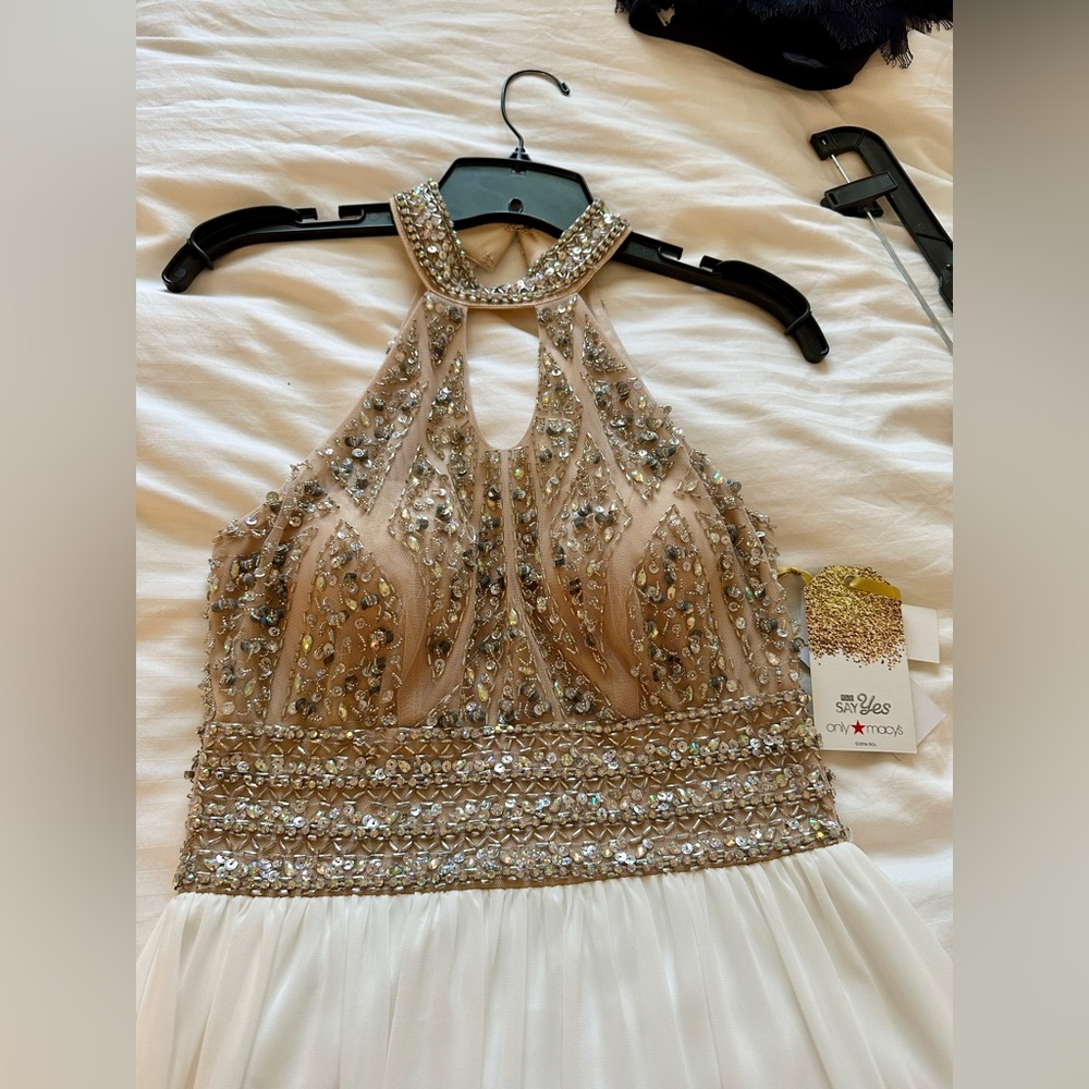 Elegant Beaded Gown in White and Tan